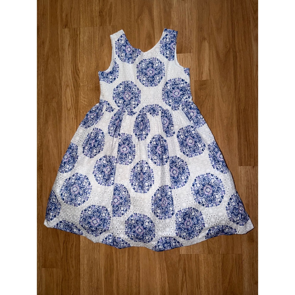 Janie and Jack Girls Blue Purple Tile Medallion Eyelet Dress Size 6 NWT